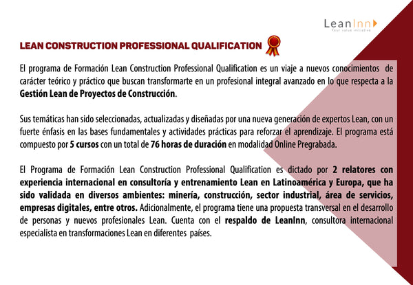 LCPQ - Programa Lean Construction Professional Qualification® - Online Pregrabado